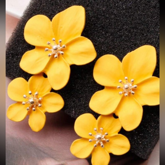 Yellow Double Flower with Gold Center, Boho, Dangle Vacation, Beach Earrings - Picture 3 of 5